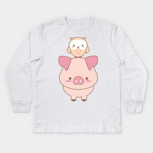 Kawaii Animals Pattern in Light Pink Kids Long Sleeve T-Shirt